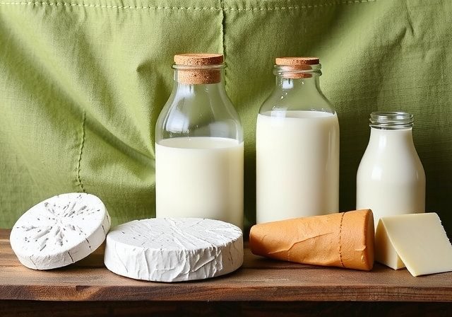 Artisanal dairy products including cheese and milk from organic farm Laren