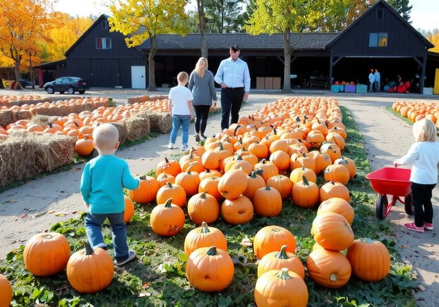 Families at the harvest festival picking pumpkins at organic farm Laren